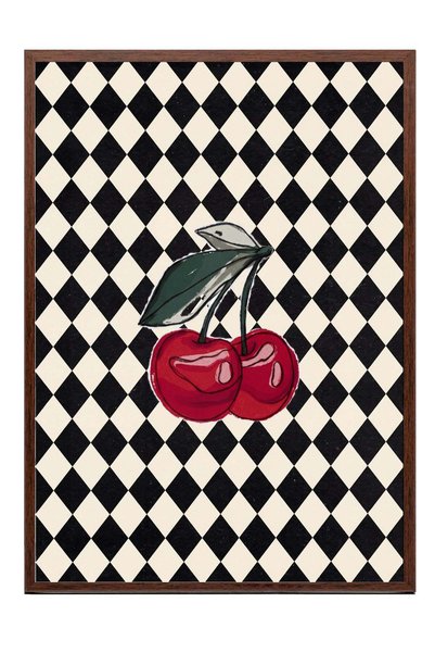 Postifull Two Cherries on a Checkered Background Poster - Brown Framed Art No...