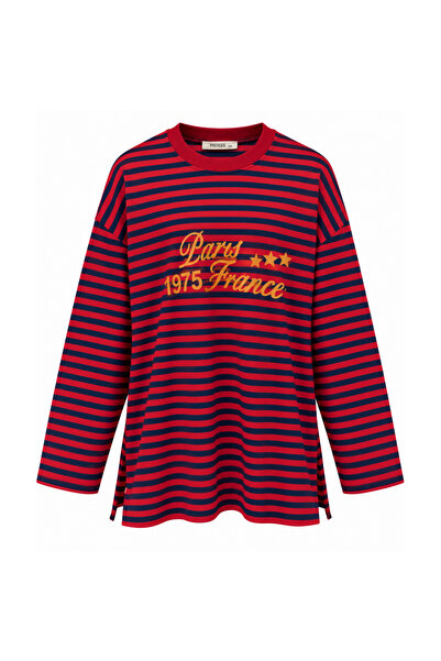 Balenbi Women's Combed Cotton Fabric Letter Printed Crew Neck Striped Tunic 3...