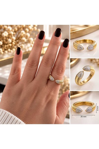 Zirkon Taşlı Paslanmaz Çelik Ayarlanabilir Yüzük Gold