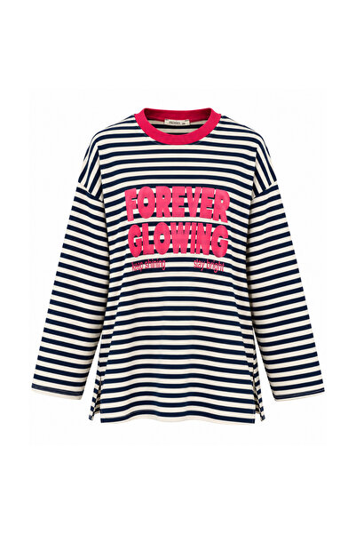 Mogi Butik Women's Combed Cotton Fabric Letter Printed Crew Neck Striped Tuni...