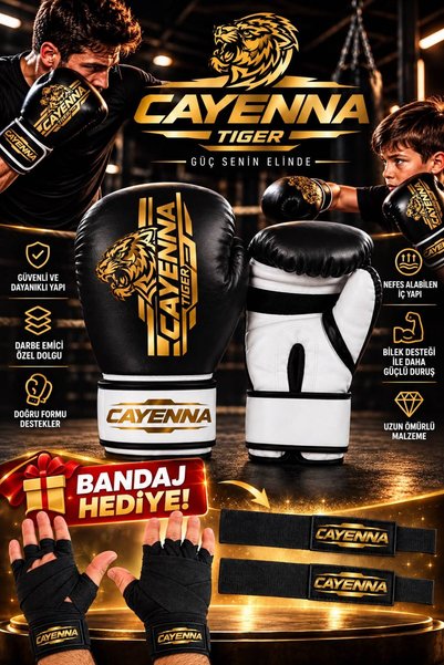 cayenna TIGER Boks ,Kıck Boks ,Muay Thai Branşları için Boks Eldiveni ve Band...