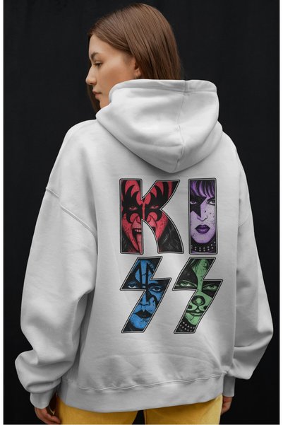 SEVBANO Hanorac premium oversize unisex cu imprimeu frontal Kiss Rock Metal M...