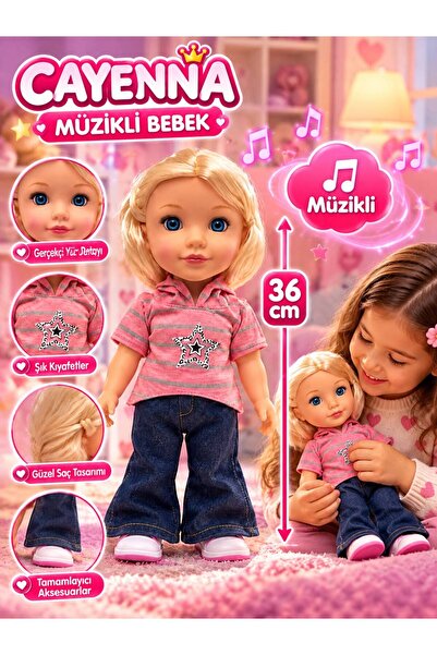 cayenna 36 cm Müzikli Oyuncak Bebek – Gerçekçi Yüz Detaylı, Şık Kıyafetli ve Uzun Saçlı
