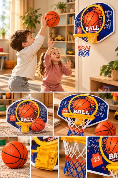 EVENT Basketbol Seti Fileli Çantalı Mini Basketbol Topu ve Potası Çocuklar İç...
