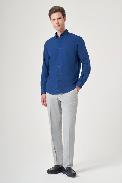 İmza Navy Blue Buttoned Collar Long Sleeve Slim Fit Cotton Shirt 1004260235