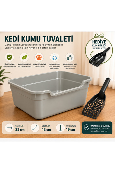 Poliwork Yarı Açık Kedi Tuvaleti Plastik Kedi Kum Kabı Yüksek Kenarlı Relax K...