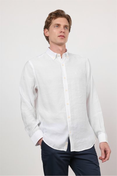 İmza White Buttoned Collar Long Sleeve Pocketless Slim Fit Modal Shirt 1004260162