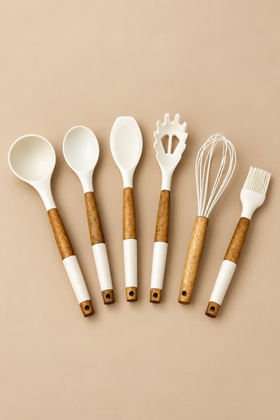 KLARHAUS Bambi̇na 6-Piece Bamboo Handle Acacia Look Silicone Kitchen Serving ...