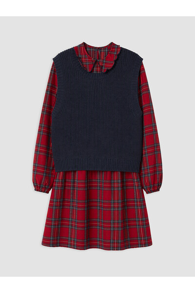 LC Waikiki Lcw Kids Navy Blue Plaid Girls' Dress and Sweater with Nevavm Diff...