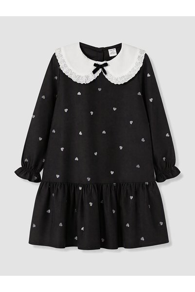LC Waikiki Lcw Kids Black Gabardine Printed Girls' Dress with Nevavm Difference