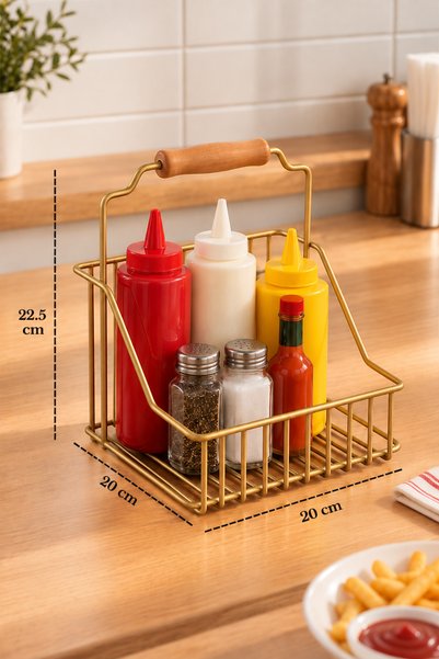 Edora Home Mat Gold Bistro Metal Sosluk Sepeti, Ketçap ve Mayonez Şişesi Sunum Düzenleyici