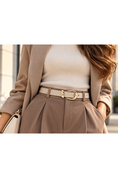ELVEA Kadın Krem Kemer – Gold Tokalı Şık Model