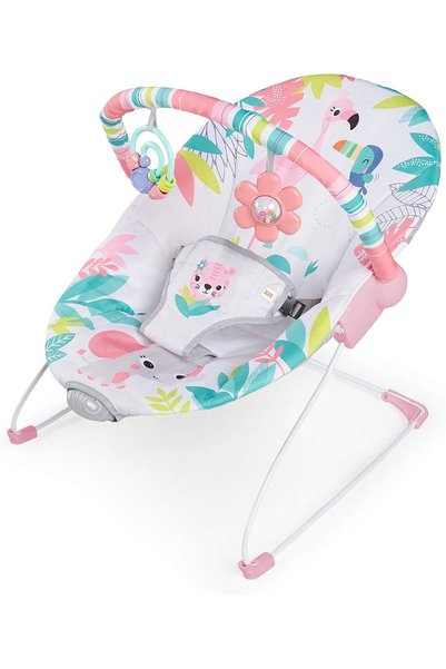 Bright Starts Flamingo Vibes 3-Point Harness Vibrating Baby Bouncer with -Toy...