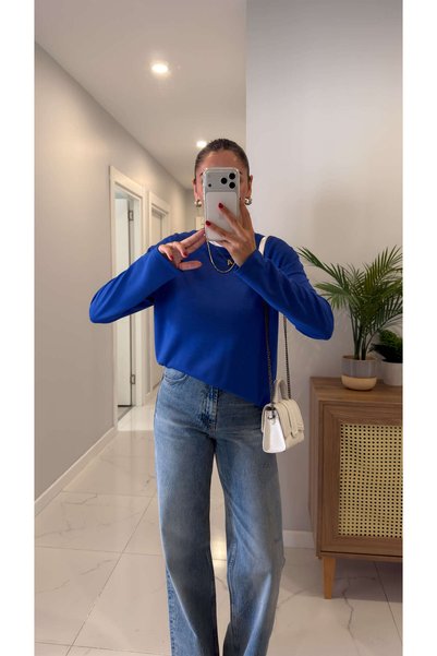 BİRCANÇİL Hisna Blue Long Sleeve Basic Sweatshirt