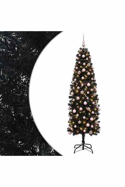 vidaxl Brad de Crăciun artificial îngust cu globuri 180 cm 300 LED-uri