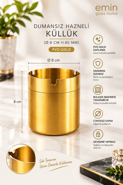 Genel Markalar EMİN DUMANSIZ HAZNELİ KÜLLÜK (Ø:8 CM H:80 MM) PVD GOLD