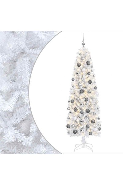 vidaxl Brad de Crăciun artificial îngust cu globuri 180 cm 300 LED-uri
