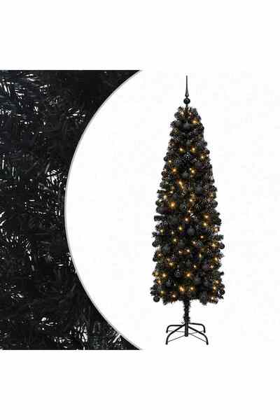 vidaxl Brad de Crăciun artificial îngust cu globuri 210 cm 300 LED-uri