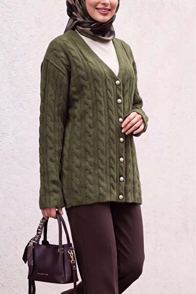 Modamorfo Hair Weave Patterned Pearl Buttoned Knitwear Cardigan -Khaki