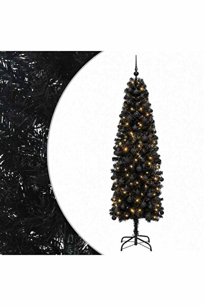vidaxl Brad de Crăciun artificial îngust cu globuri 180 cm 300 LED-uri