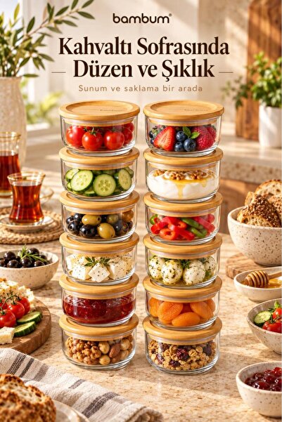 Atbyhome Bambum 12'li Bambu Kapaklı Cam Kahvaltılık Seti 300 ml - Vakumlu Saklama Kabı Ve Kahvaltılık Seti