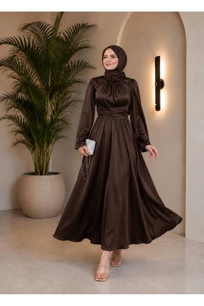Masal Fashion Zara Satin Belted Evening Dress Bitter Brown