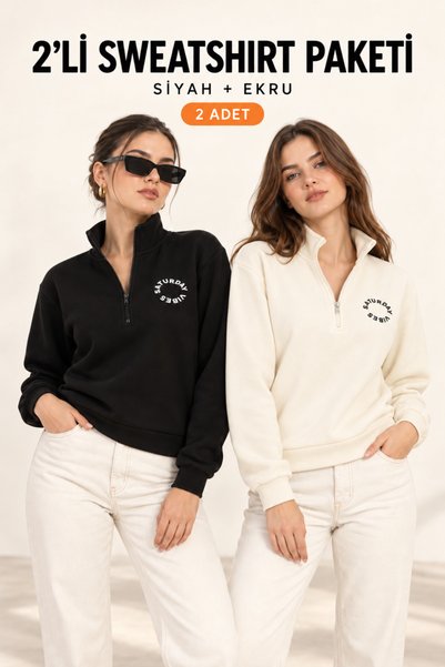 Polo State Women's Half-Zip High Collar Printed Sweatshirt 2-Pack Black / Ecru