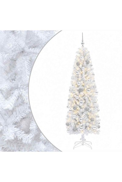 vidaxl Brad de Crăciun artificial îngust cu globuri 240 cm 300 LED-uri