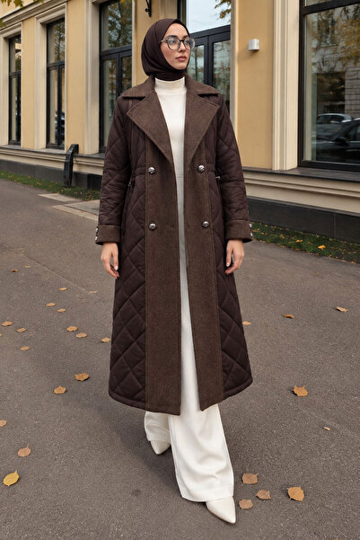 Tesettür Dünyası Nova Coat with Embroidered Detail on the Front Tsd260345 Brown