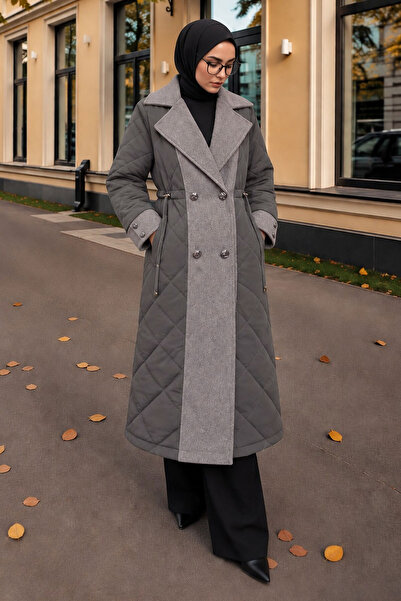 Tesettür Dünyası Nova Coat with Cashmere Detail on the Front Tsd260345 Gray