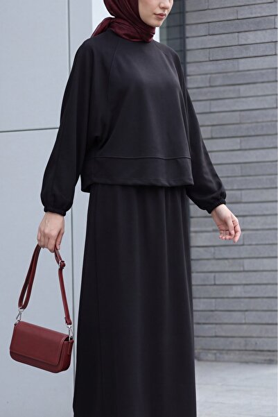 Modamorfo Bat Sleeve Elastic Waist Crew Neck Skirt Suit - Black
