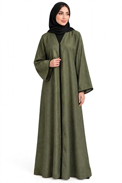 Generic Brand Linen Abaya with Lace Embroidery - Olive Color