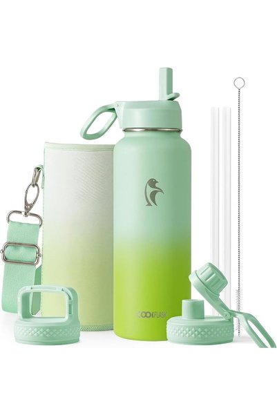 Coolflask زجاجة ماء معزولة مع 3 أغطية، سعة 1.9 لتر، لون ساموراي سين