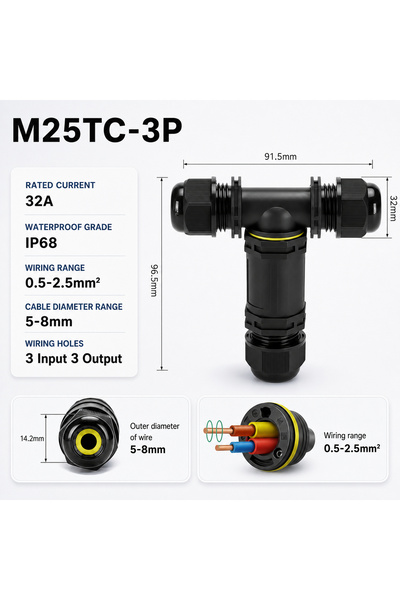 Choice M25TC-3P 5-8mm IP68 Waterproof Connector X Y T Type 3 Way Cable Wire J...