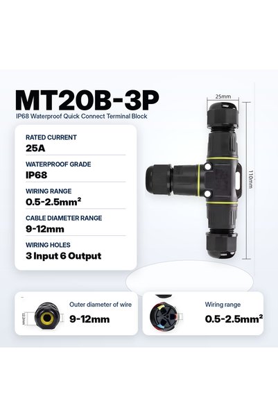 Choice MT20B-3P 9-12mm IP68 Waterproof Connector X Y T Type 3 Way Cable Wire ...