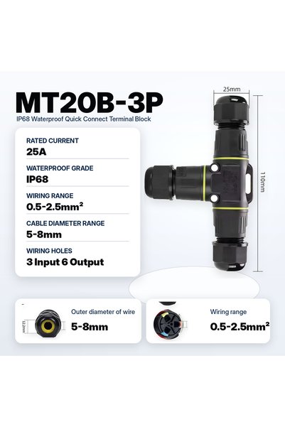 Choice MT20B-3P 5-8mm IP68 Waterproof Connector X Y T Type 3 Way Cable Wire J...