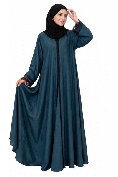 Generic Brand Abaya Linen - Dark Petrol Embroidered Black Lace