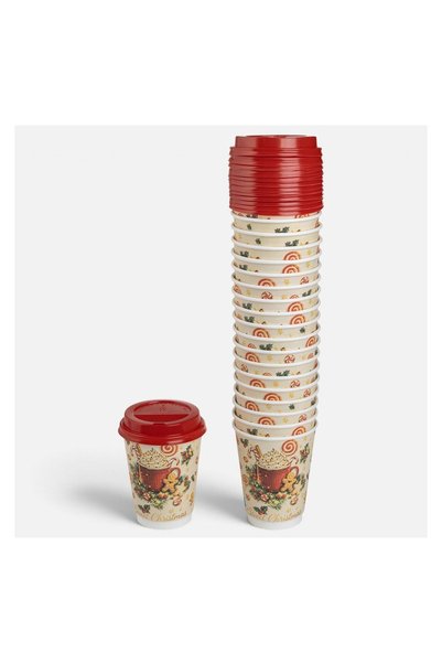 OEM Set 20 Pahare de Crăciun Gingerbread 360 ml, Perete Dublu și Capac Roșu –...