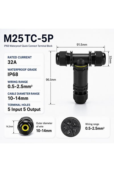 Choice M25TC-5P 10-14mm IP68 Waterproof Connector X Y T Type 3 Way Cable Wire...