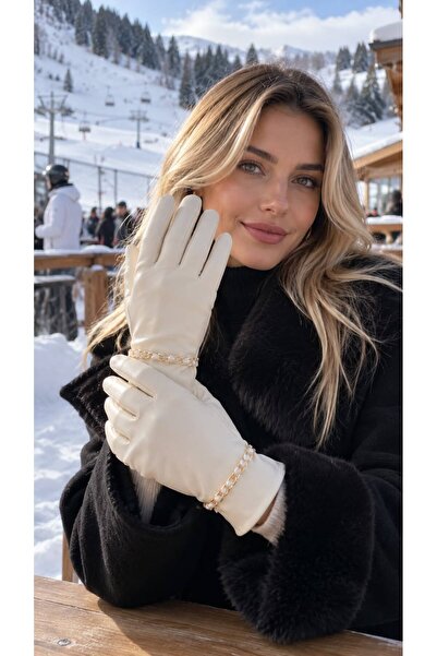 BALIENTE Beige Faux Leather Women's Gloves with Chain Accessory Detail