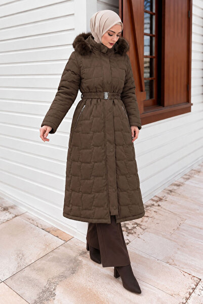 Tesettür Dünyası Snap Fastener Geometric Patterned Nova Coat Tsd260307 Brown