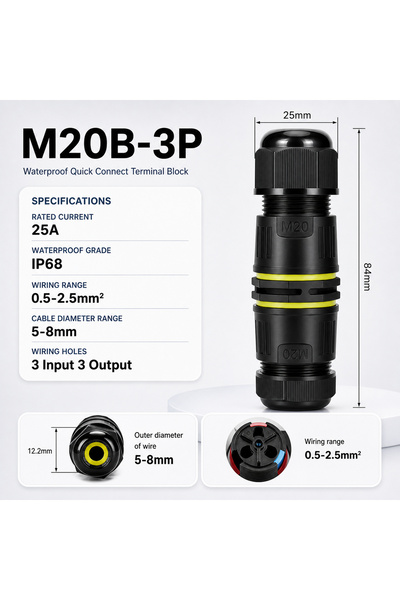 Choice M20B-3P 5-8mm IP68 Waterproof Connector X Y T Type 3 Way Cable Wire Ju...