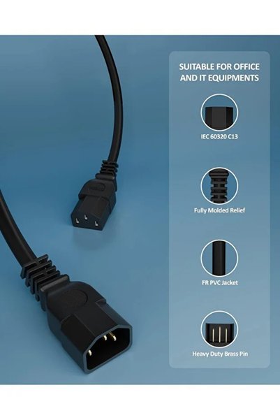 Derwell 2'li Güç Kablosu Seti 1.5 Metre C13 C14 Erkek Dişi UPS Uzatma Kablosu - 3 Metre Topraklı Fişli IEC C13 Bilgisayar Güç Kablosu, PC Kasa Monitör Yazıcı PDU Uyumlu Siyah Kablo Seti 2 Parça