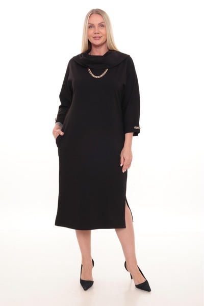 etselements Black Gold Chain Detailed Degaje Collar Plus Size Dress –