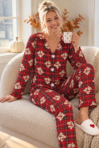 rindahomewear Luxury Suede Patterned Long Sleeve Women's Pajama Set