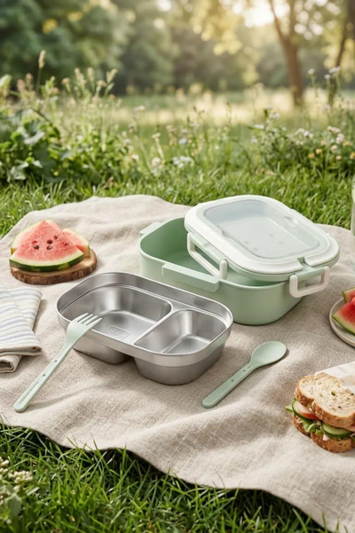 İronika 2-Compartment Stainless Steel Lunch Box with Spoon and Fork, Lunch Box, Lunch Container, Green