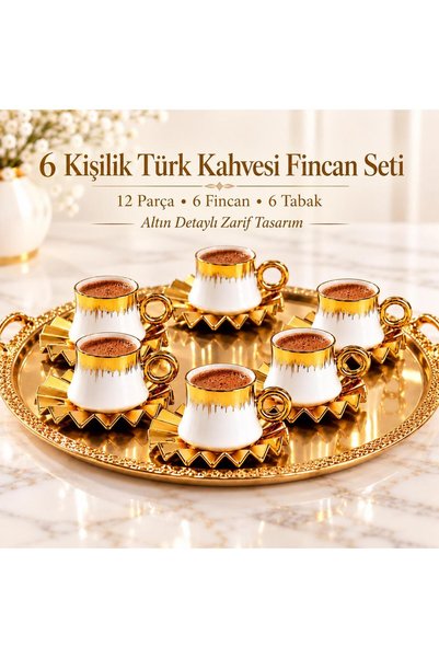 valkyrie 6 Kişilik 12 Parça Türk Kahvesi Fincan Seti 100 ml Beyaz Gold Detayl...