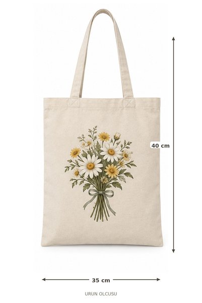 TEKSIVA Papatya Desenli Ham Bez Çanta 35x40 cm Ekru Çiçekli Omuz Çantası