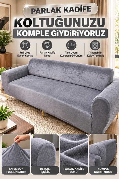 ILYHOMETEKSTİL PARLAK KADİFE KOLTUK-KANEPE KILIFI 3LÜ KOMPLE GİYDİRME KALIN V...