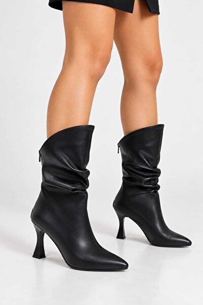 solebydilhan Women's Black Pointed Toe Thick Heeled Long Boots